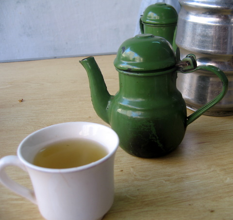 Teapot and cups of green tea set on a table